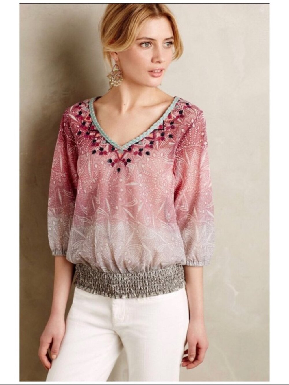 AKEMI + KIN Anthropologie Arembepe Embroidered Boho Top Blouse Sz L ~ NWT!